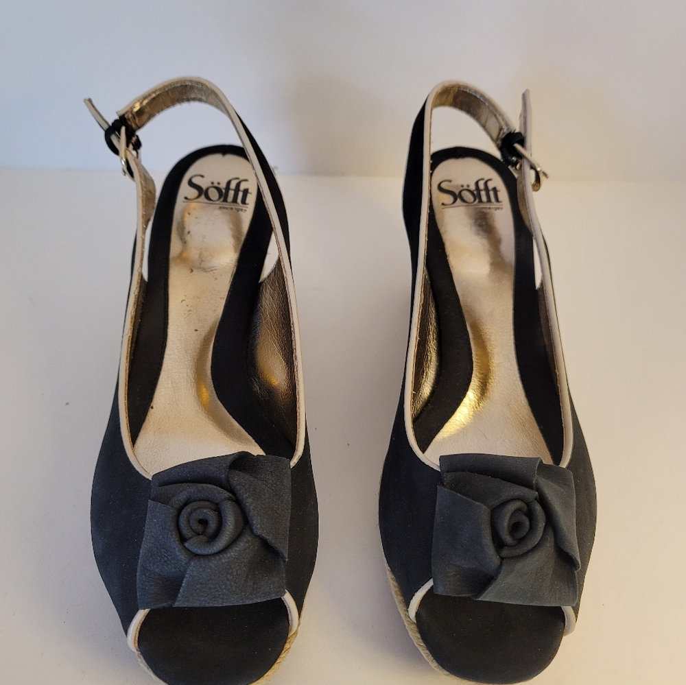 Sofft Espadrille Wedge Peep Toe Sandals Jute Heel Black Gold 8 - Picture 2 of 9
